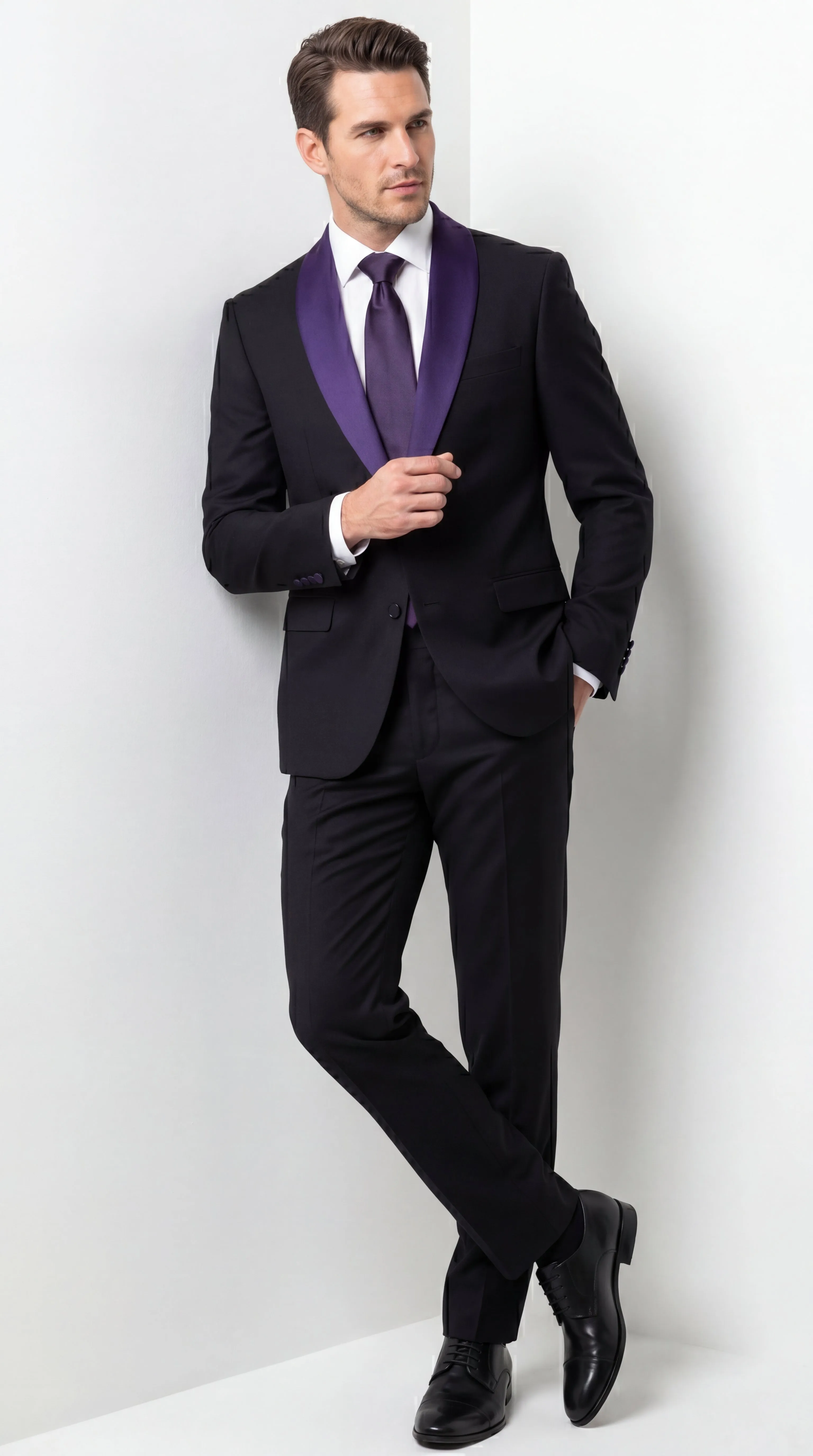 Mens Black Suit with Purple Lapel – Elegant Formal Tuxedo Style Suit for Wedding, Prom, Party and Evening Wear sold by Alberto Nardoni product image thumbnail 3