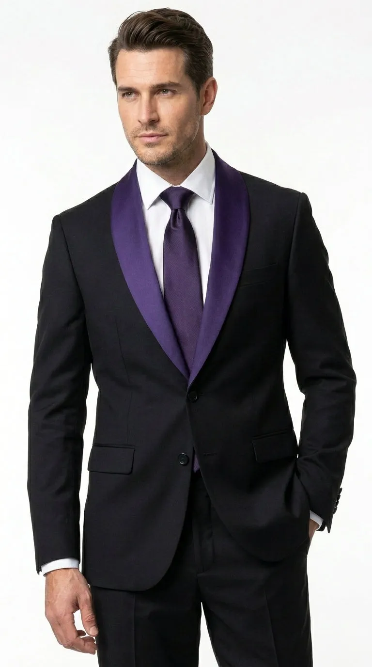 Mens Black Suit with Purple Lapel – Elegant Formal Tuxedo Style Suit for Wedding, Prom, Party and Evening Wear sold by Alberto Nardoni product image thumbnail 5
