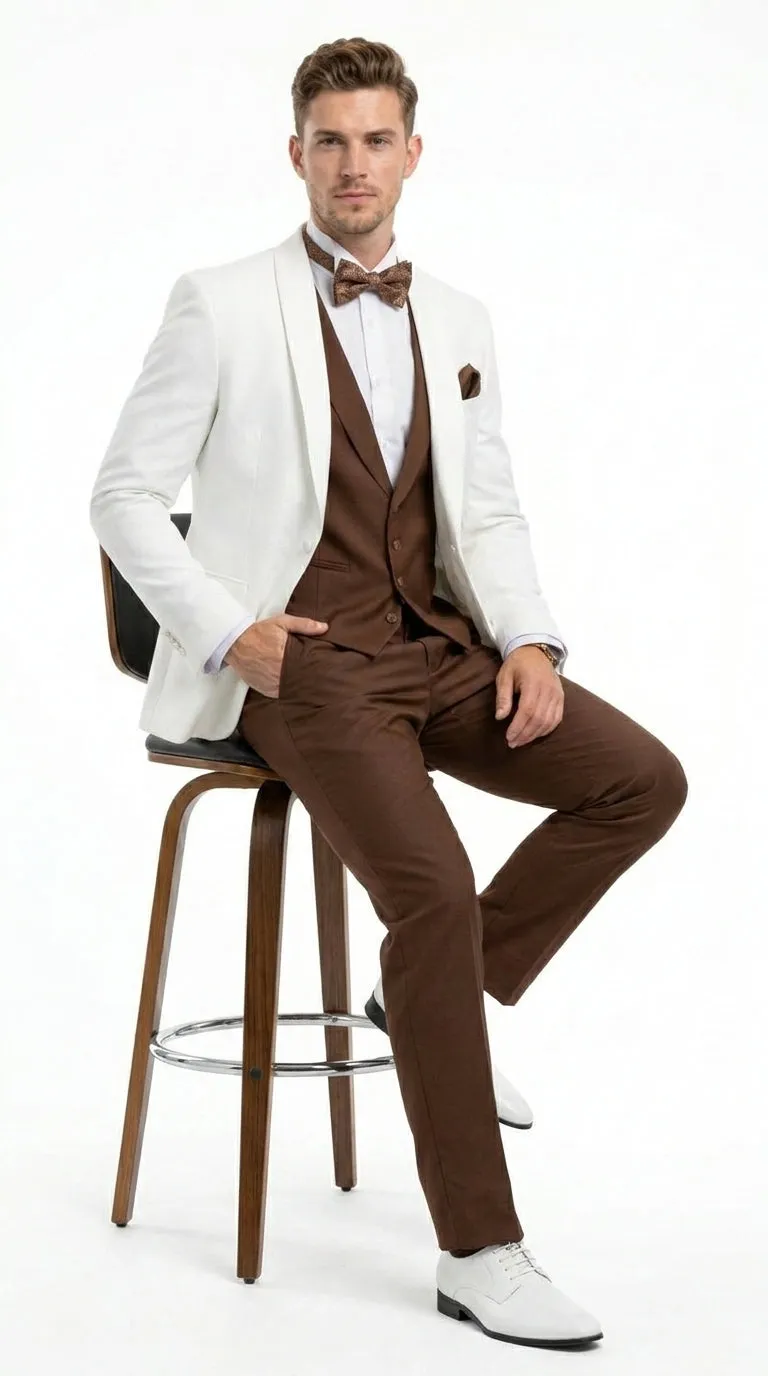 Men’s Ivory and Brown 3 Piece Suit – Elegant White Blazer with Brown Vest and Trousers for Wedding, Prom and Formal Events in off White Cream + Bowtie sold by Alberto Nardoni product image thumbnail 3