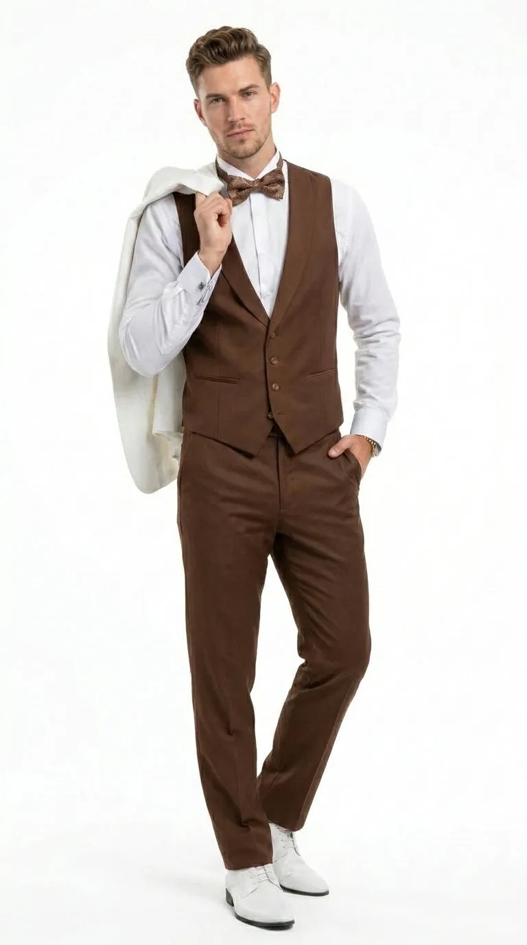 Men’s Ivory and Brown 3 Piece Suit – Elegant White Blazer with Brown Vest and Trousers for Wedding, Prom and Formal Events in off White Cream + Bowtie sold by Alberto Nardoni product image thumbnail 4