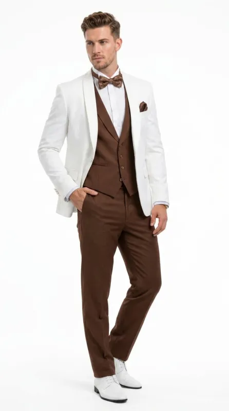 Men’s Ivory and Brown 3 Piece Suit – Elegant White Blazer with Brown Vest and Trousers for Wedding, Prom and Formal Events in off White Cream + Bowtie made by Alberto Nardoni