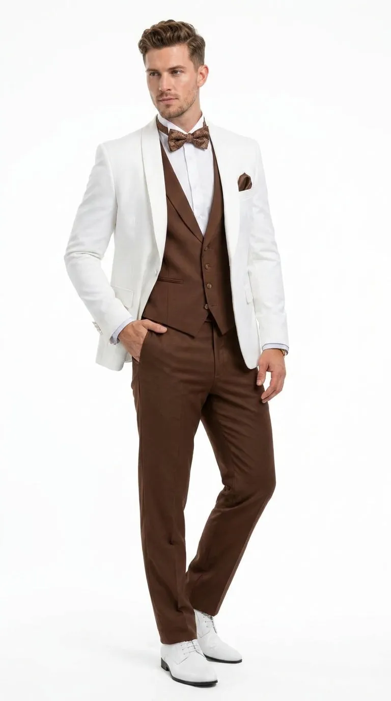 Men’s Ivory and Brown 3 Piece Suit – Elegant White Blazer with Brown Vest and Trousers for Wedding, Prom and Formal Events in off White Cream + Bowtie sold by Alberto Nardoni