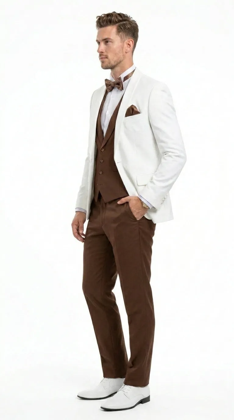 Men’s Ivory and Brown 3 Piece Suit – Elegant White Blazer with Brown Vest and Trousers for Wedding, Prom and Formal Events in off White Cream + Bowtie sold by Alberto Nardoni product image thumbnail 5