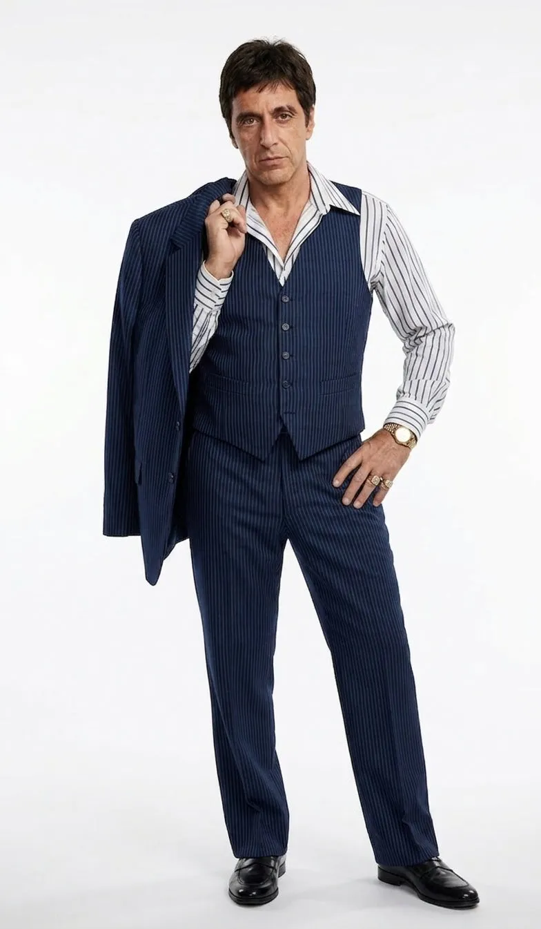 Tony Montana’s Blue Pinstripe 3 Piece Suit – Men’s Vintage Blue Striped Suit for Wedding, Prom and Classic Formal Wear sold by Alberto Nardoni product image thumbnail 5