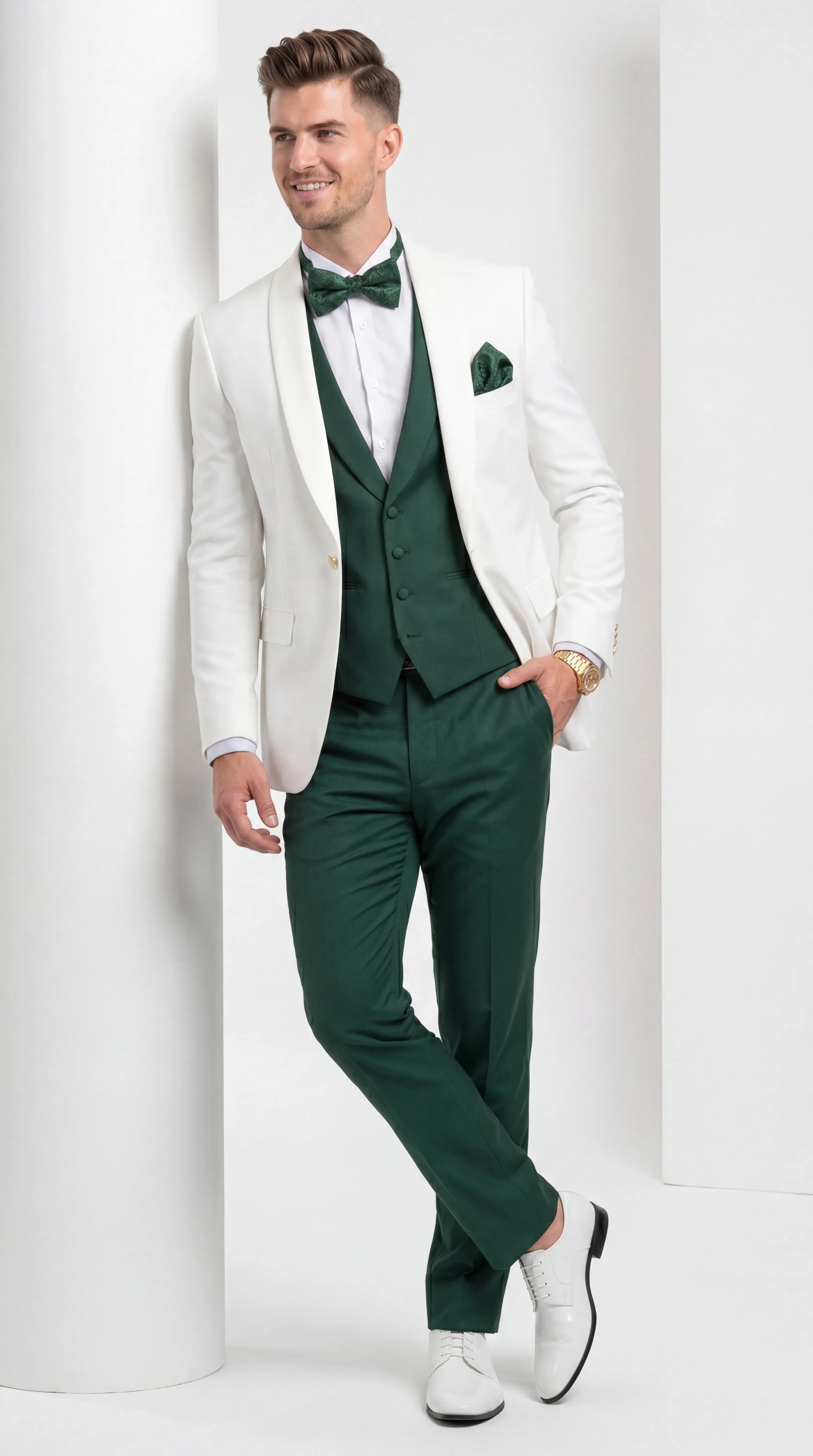 Men’s White and Hunter Green 3 Piece Suit – Elegant Formal Suit with Vest, Wedding Tuxedo Suit for Prom and Party Wear sold by Alberto Nardoni