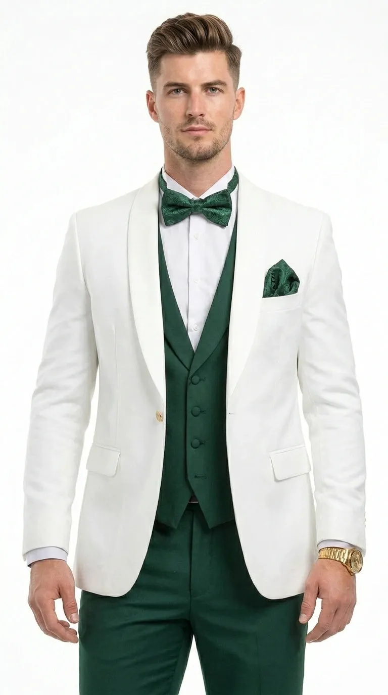 Men’s White and Hunter Green 3 Piece Suit – Elegant Formal Suit with Vest, Wedding Tuxedo Suit for Prom and Party Wear sold by Alberto Nardoni product image thumbnail 4