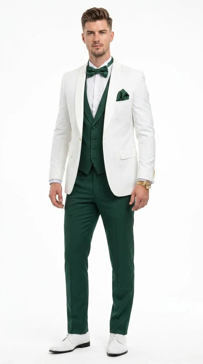 Men’s White and Hunter Green 3 Piece Suit – Elegant Formal Suit with Vest, Wedding Tuxedo Suit for Prom and Party Wear sold by Alberto Nardoni product image thumbnail 2
