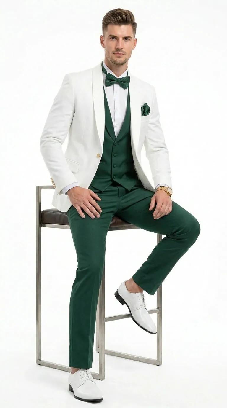 Men’s White and Hunter Green 3 Piece Suit – Elegant Formal Suit with Vest, Wedding Tuxedo Suit for Prom and Party Wear sold by Alberto Nardoni product image thumbnail 5