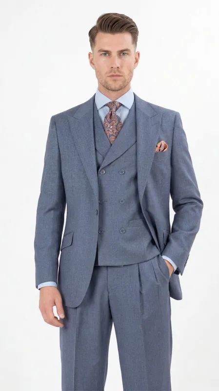 Mens Dusty Blue 3 Piece Suit 100% Wool Fabric – Classic Fit Wide Leg Pleated Pants Double Breasted Vest Formal Business Church Suit By Apollo King made by Alberto Nardoni
