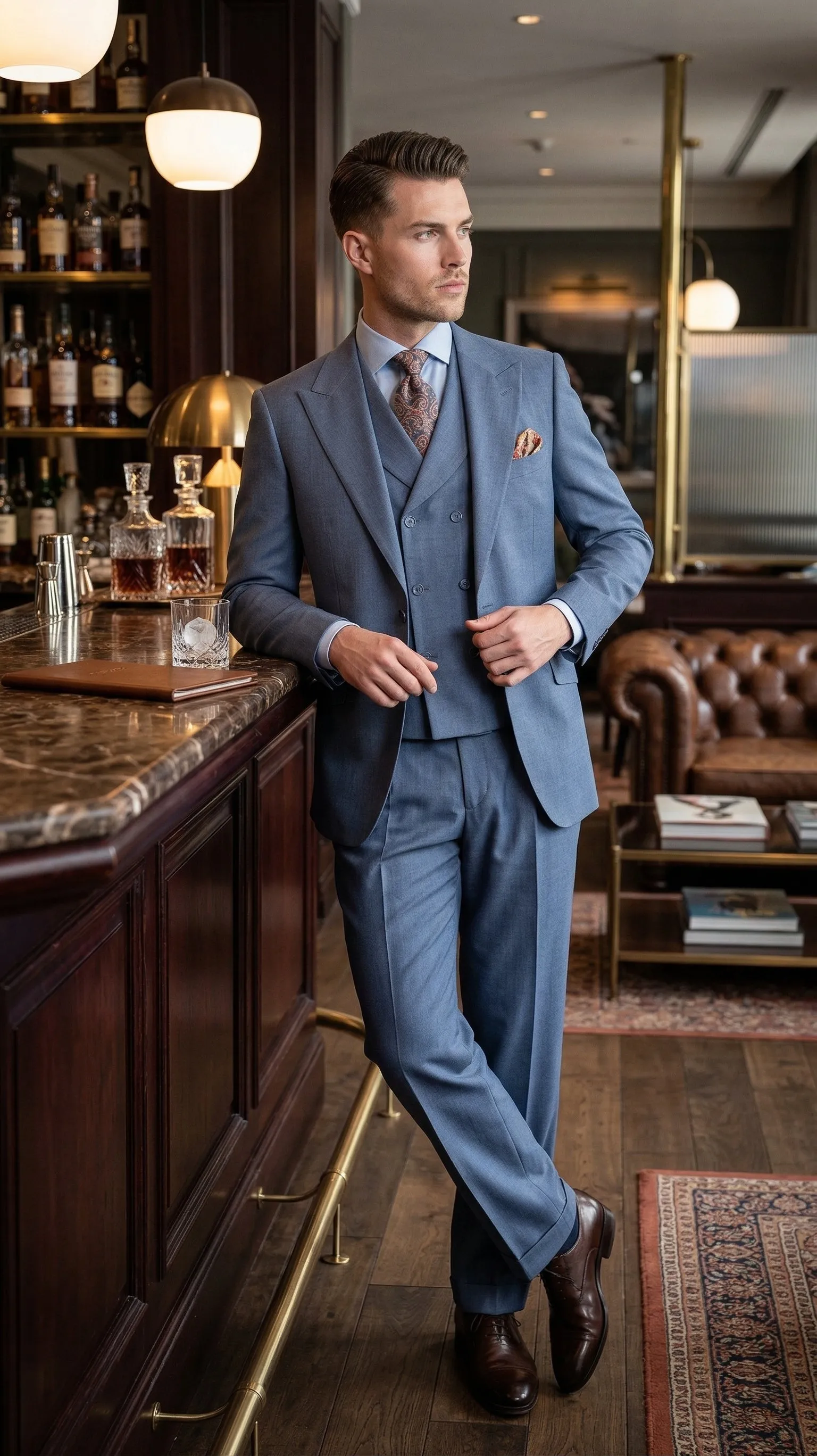 Mens Dusty Blue 3 Piece Suit 100% Wool Fabric – Classic Fit Wide Leg Pleated Pants Double Breasted Vest Formal Business Church Suit By Apollo King sold by Alberto Nardoni product image thumbnail 4