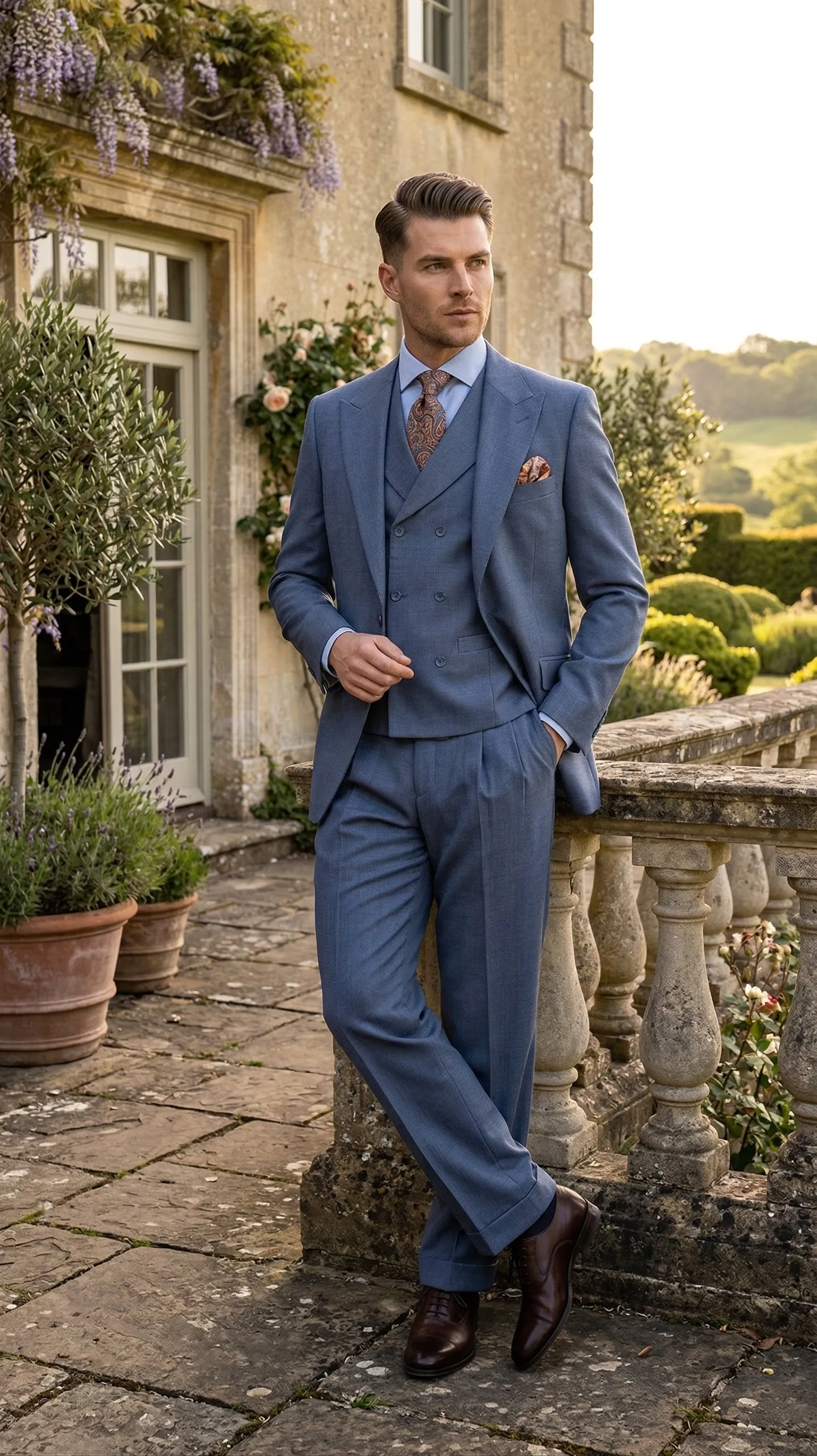 Mens Dusty Blue 3 Piece Suit 100% Wool Fabric – Classic Fit Wide Leg Pleated Pants Double Breasted Vest Formal Business Church Suit By Apollo King sold by Alberto Nardoni product image thumbnail 5