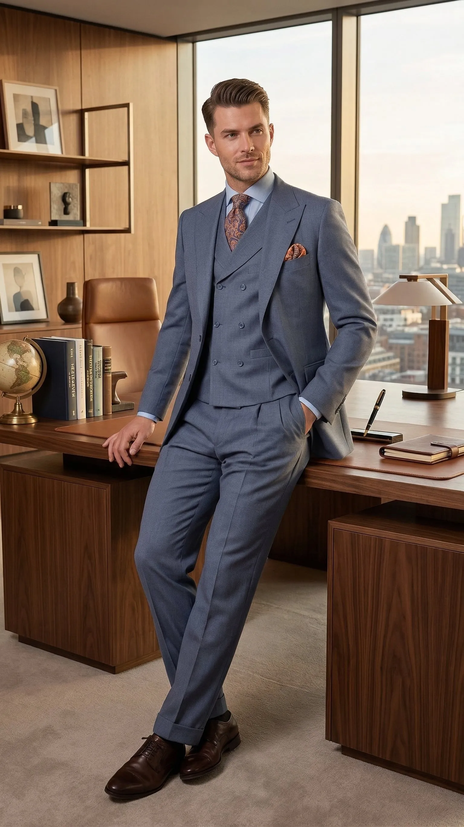 Mens Dusty Blue 3 Piece Suit 100% Wool Fabric – Classic Fit Wide Leg Pleated Pants Double Breasted Vest Formal Business Church Suit By Apollo King sold by Alberto Nardoni product image thumbnail 3