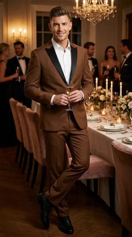 Men’s Light Brown Vested Piece Suit – Elegant Formal Suit with Contrast Lapel for Wedding, Party made by Alberto Nardoni