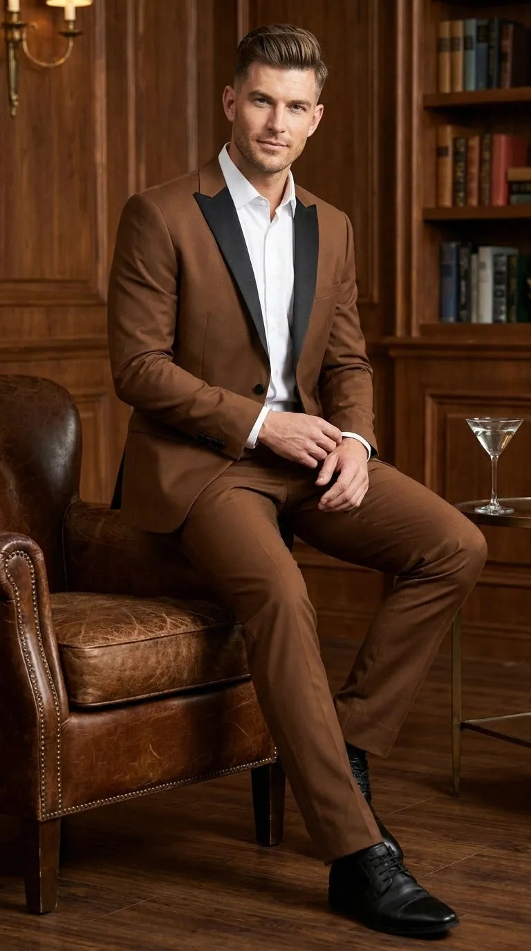 Men’s Light Brown Vested Piece Suit – Elegant Formal Suit with Contrast Lapel for Wedding, Party sold by Alberto Nardoni product image thumbnail 3