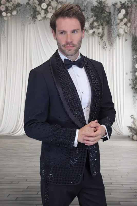 Mens Designer Black Flower Rhinestone Studded Prom and Wedding Tuxedo in Black made by Alberto Nardoni