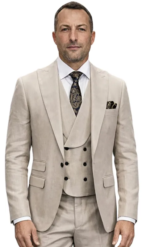 Mens Wool Suit - Ticket Pocket Big Lapel Single button Double breasted Vest By Statement in Color Tan made by Alberto Nardoni