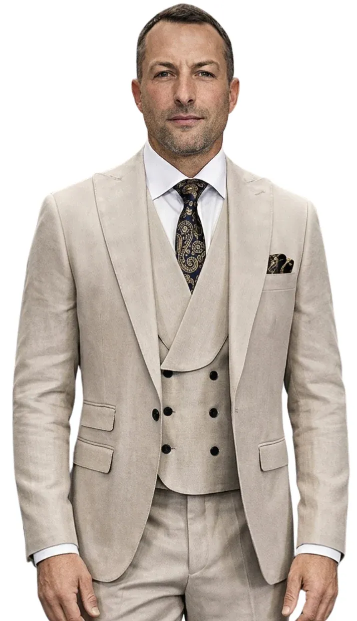 Mens Wool Suit - Ticket Pocket Big Lapel Single button Double breasted Vest By Statement in Color Tan sold by Alberto Nardoni
