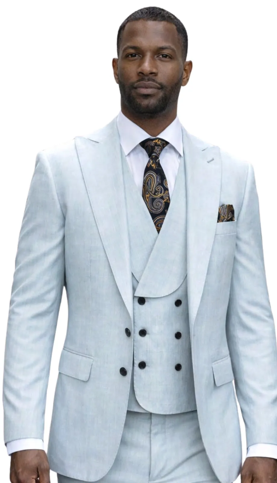 Mens Wool Suit - Ticket Pocket Big Lapel Single button Double breasted Vest By Statement in Color Aqua sold by Alberto Nardoni
