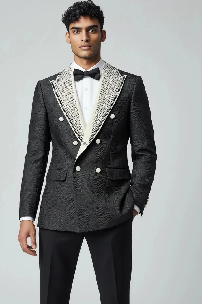 Men’s Romeo Black & White Jacquard Tuxedo – Double Breasted Peak Lapel Formal Suit sold by Alberto Nardoni