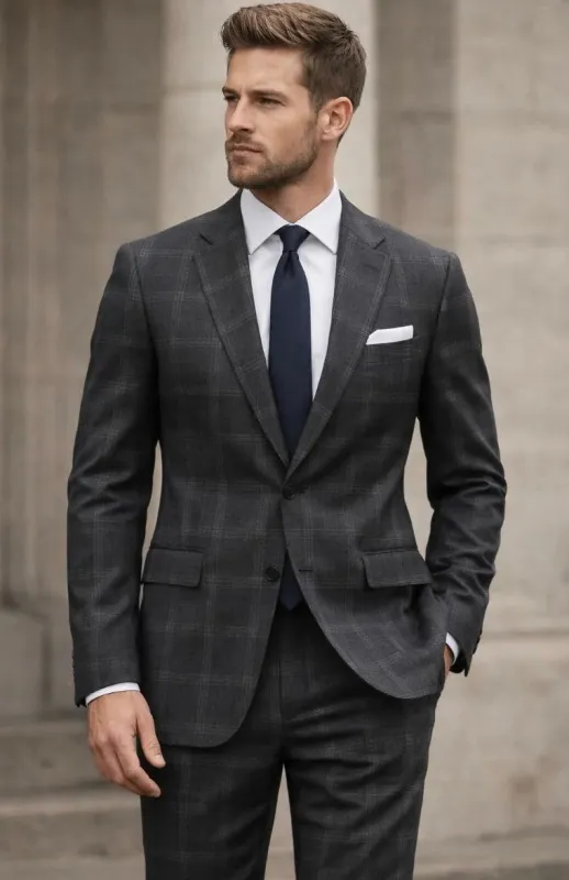Statement Mens Modern Fit 2 Piece 100% Wool Windowpane Plaid Suit – Single Breasted Notch Lapel Jacket made by Alberto Nardoni