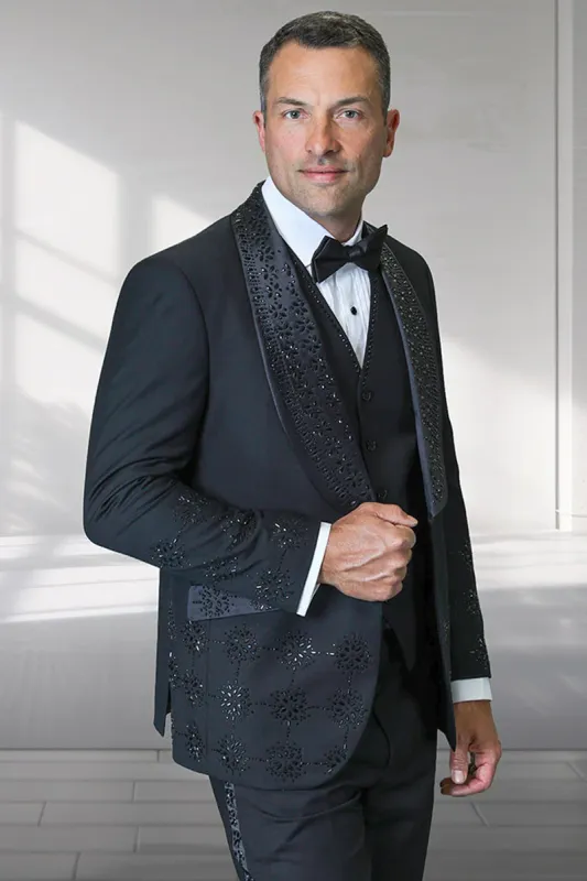 Mens Designer Floral Rhinestone Prom and Wedding Tuxedo in Black and Black made by Alberto Nardoni