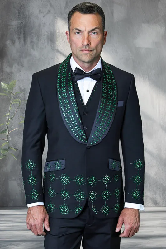 Mens Designer Floral Rhinestone Prom and Wedding Tuxedo in Black and Green made by Alberto Nardoni
