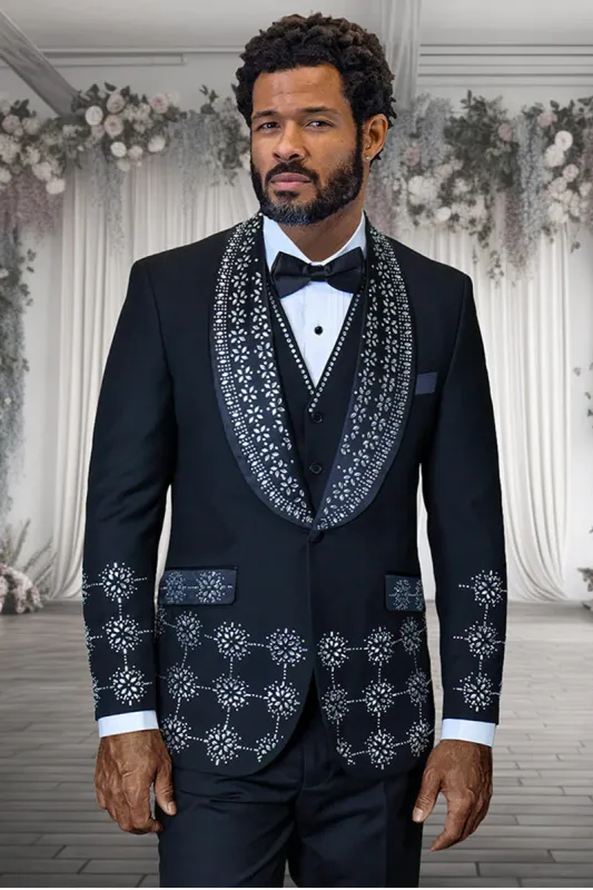 Mens Designer Floral Rhinestone Prom and Wedding Tuxedo in Black and White made by Alberto Nardoni