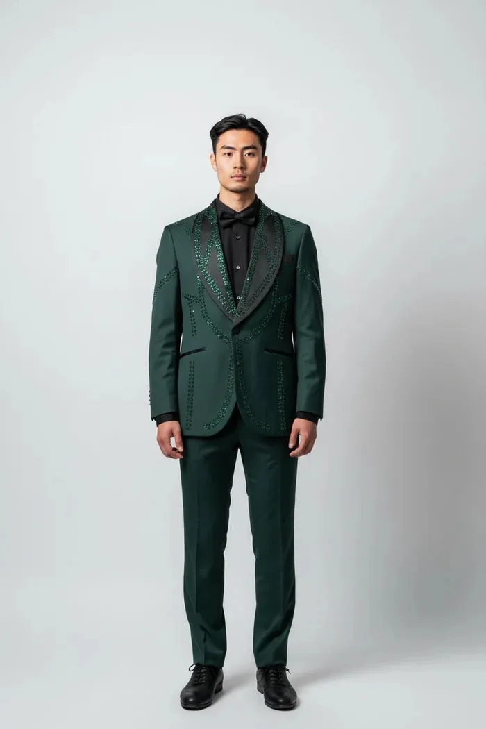 Men’s Chic Hunter Green Embellished Tuxedo – Luxury 3 Piece Formal Suit for Weddings, Prom & Special Events sold by Alberto Nardoni