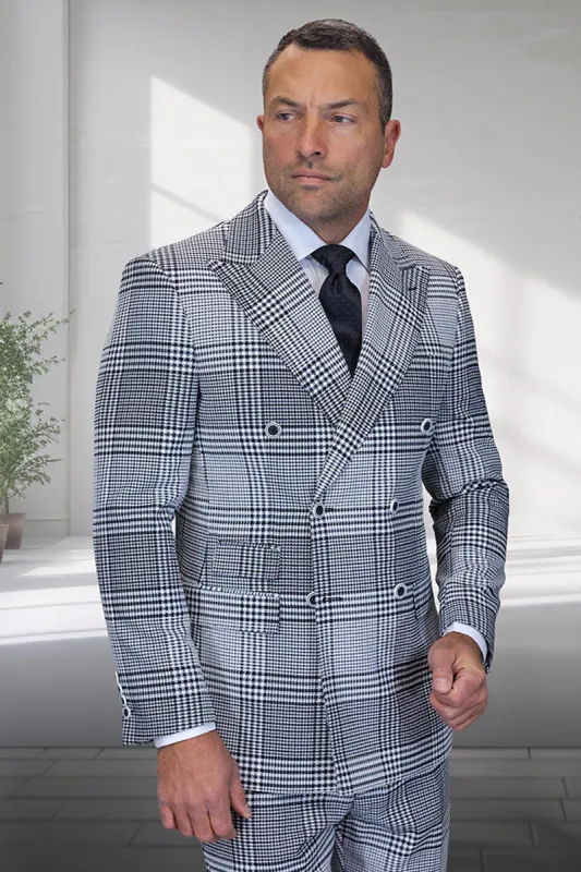 Men's Designer Wool Double Breasted Suit in Natural Grey Houndstooth Glen Plaid made by Alberto Nardoni