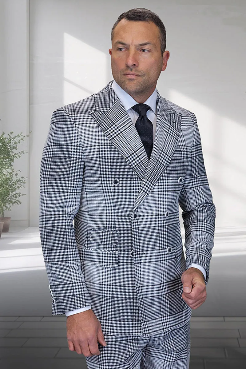 Men's Designer Wool Double Breasted Suit in Natural Grey Houndstooth Glen Plaid sold by Alberto Nardoni