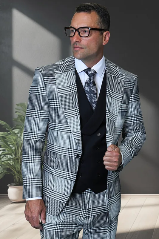 Men's Designer One Button Peak Lapel Italian Wool Suit with Double Breasted Vest in Black & White Houndstooth Plaid made by Alberto Nardoni