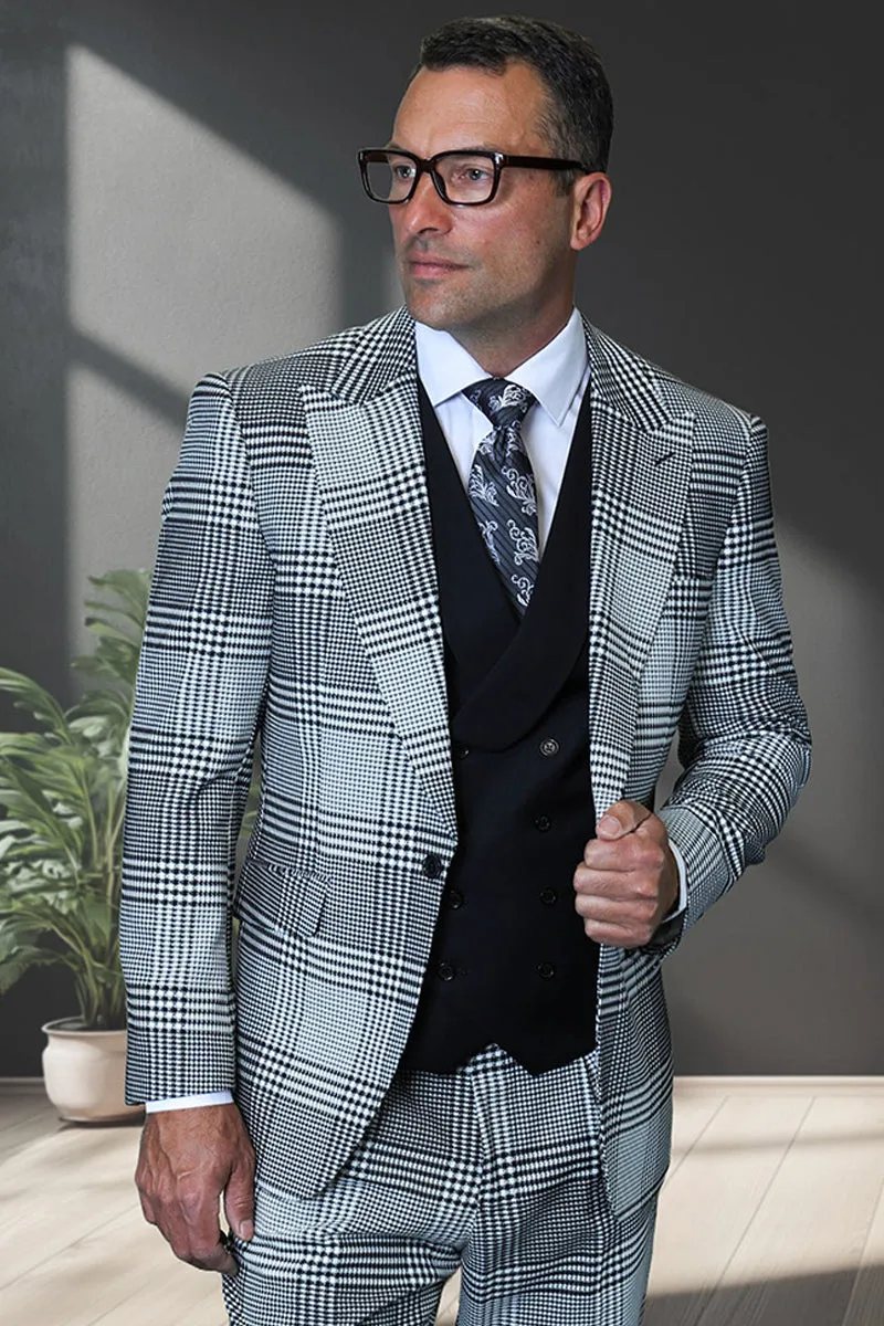 Men's Designer One Button Peak Lapel Italian Wool Suit with Double Breasted Vest in Black & White Houndstooth Plaid sold by Alberto Nardoni