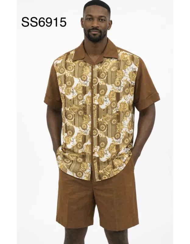 Men’s Brown Baroque Print Short Set – 2 Piece Casual Summer Outfit made by Alberto Nardoni