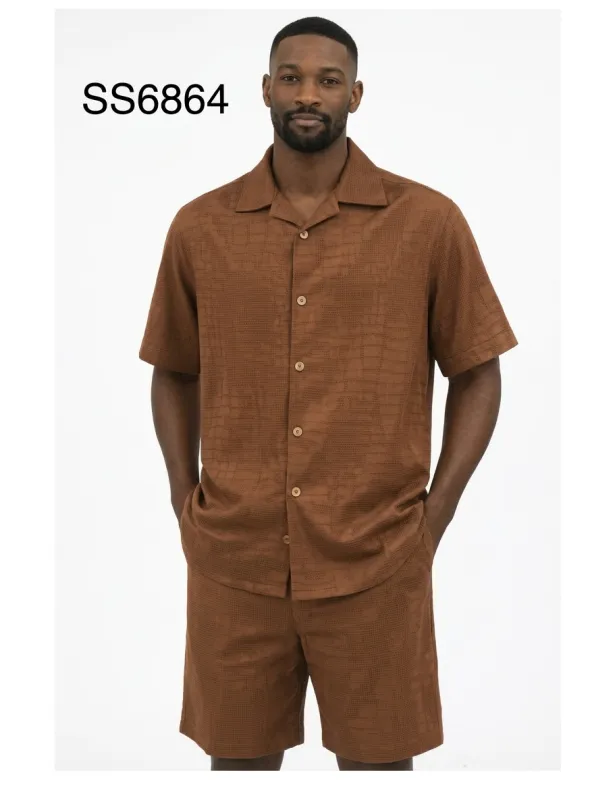 Men’s Brown Textured Short Set – 2 Piece Short Sleeve Casual Summer Outfit made by Alberto Nardoni