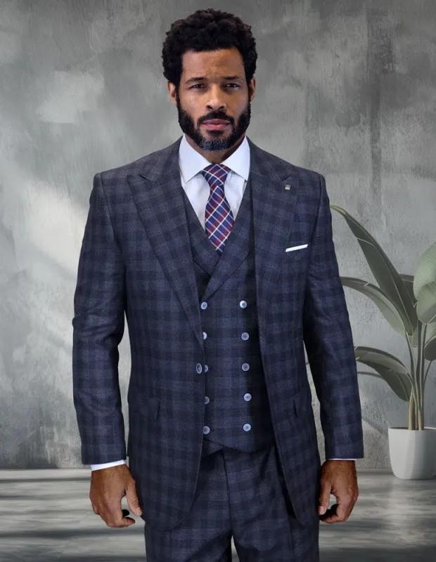 Statement Mens Classic Fit 3 Piece 100% Super 200s Wool Windowpane Plaid Suit – Wide Leg Pleated Pants made by Alberto Nardoni