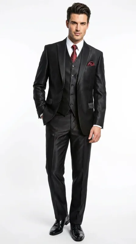 Men’s Black Shiny 3 Piece Tuxedo Groom Suit, Formal Vest Suit for Weddings, Prom, Black Tie Events, Black Lapel made by Alberto Nardoni