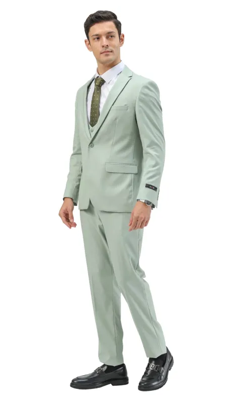 Stretch Fabric 4 Way Slim Fitted Mens Suit in Color Sage Peak Lapel One Button Vested 3 Piece made by Alberto Nardoni