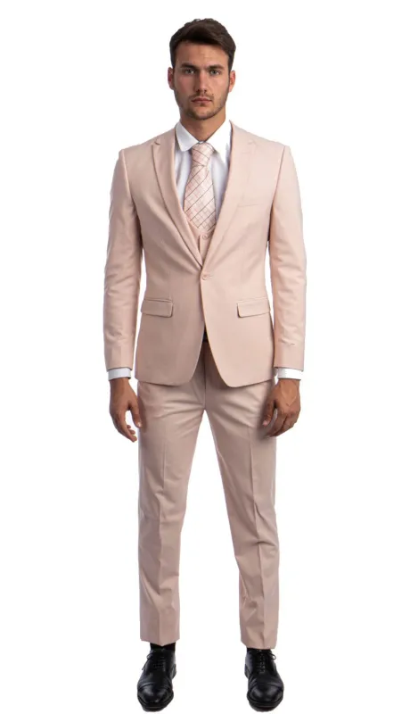 Stretch Fabric 4 Way Slim Fitted Mens Suit in Color Blush Peak Lapel One Button Vested 3 Piece made by Alberto Nardoni