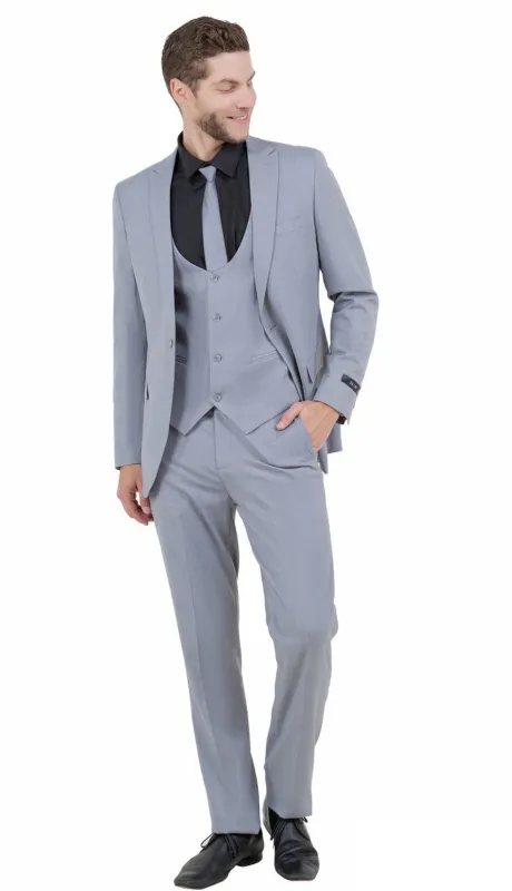 Stretch Fabric 4 Way Slim Fitted Mens Suit in Color Light Grey Peak Lapel One Button Vested 3 Piece made by Alberto Nardoni
