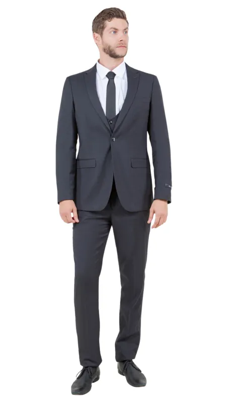 Stretch Fabric 4 Way Slim Fitted Mens Suit in Color Grey Peak Lapel One Button Vested 3 Piece made by Alberto Nardoni