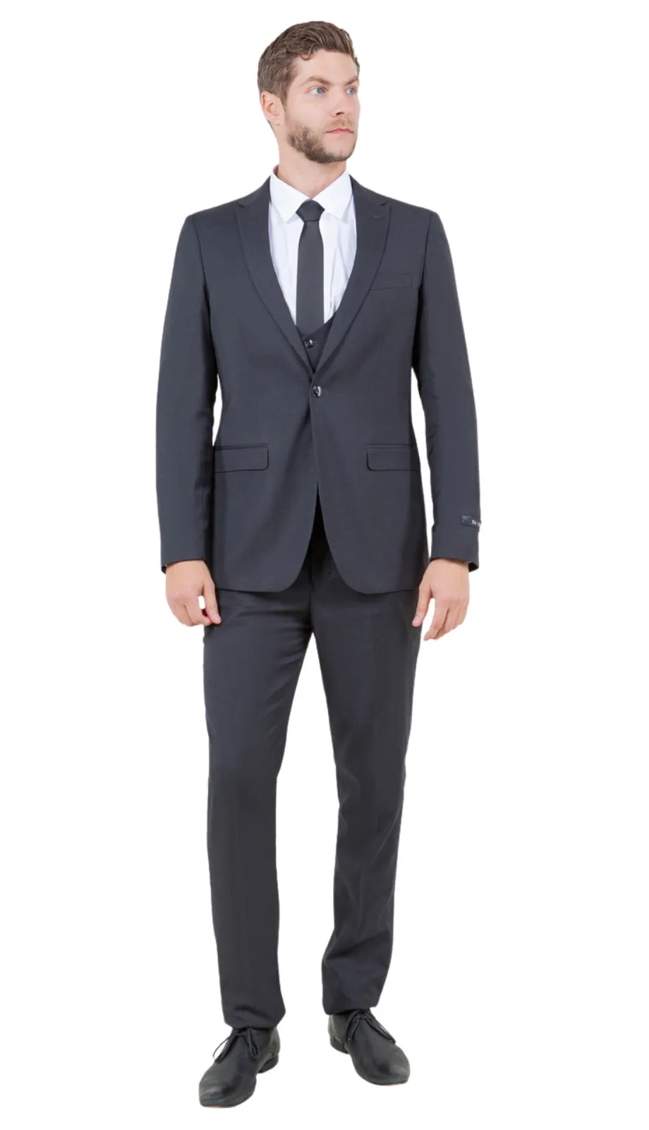 Stretch Fabric 4 Way Slim Fitted Mens Suit in Color Grey Peak Lapel One Button Vested 3 Piece sold by Alberto Nardoni