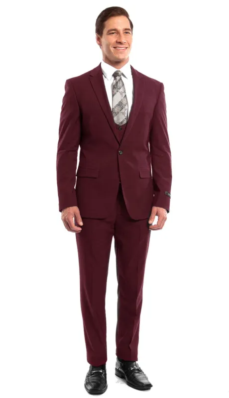 Stretch Fabric 4 Way Slim Fitted Mens Suit in Color Burgundy Peak Lapel One Button Vested 3 Piece made by Alberto Nardoni