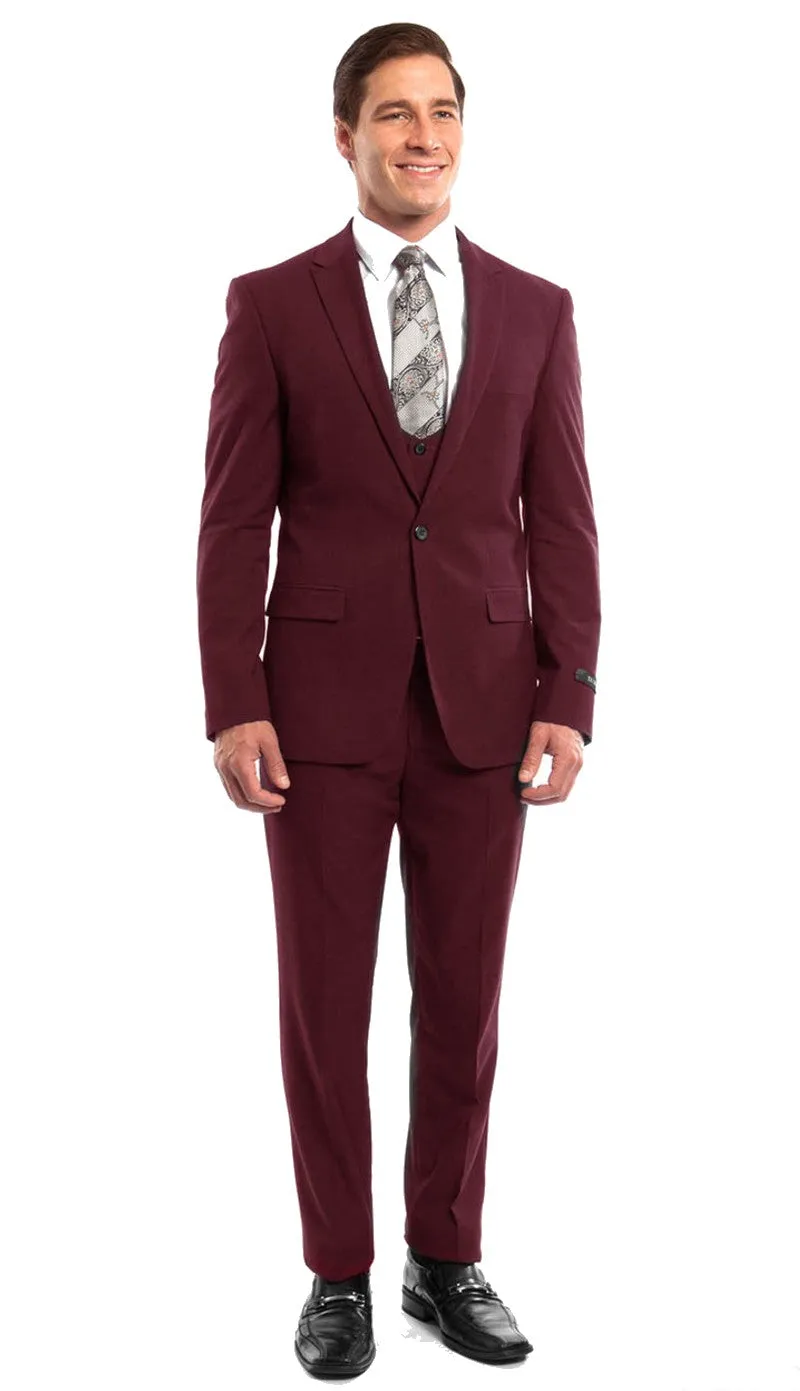 Stretch Fabric 4 Way Slim Fitted Mens Suit in Color Burgundy Peak Lapel One Button Vested 3 Piece sold by Alberto Nardoni