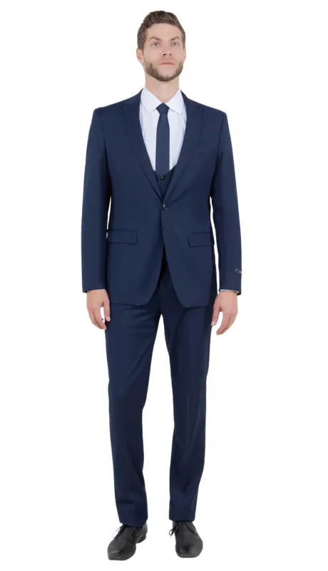 Stretch Fabric 4 Way Slim Fitted Mens Suit in Color Navy Blue Peak Lapel One Button Vested 3 Piece made by Alberto Nardoni
