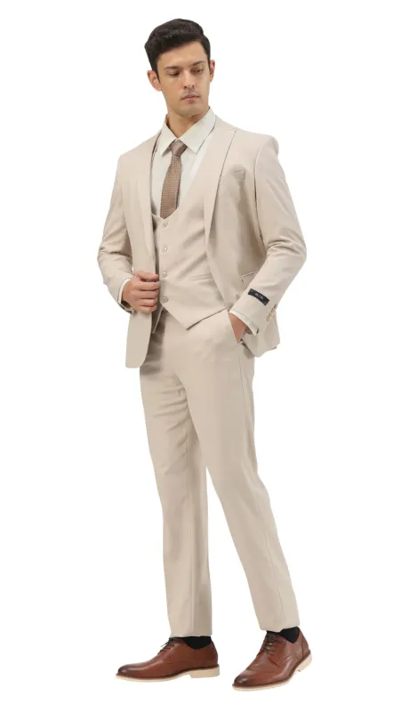 Stretch Fabric 4 Way Slim Fitted Mens Suit in Color Tan Peak Lapel One Button Vested 3 Piece made by Alberto Nardoni