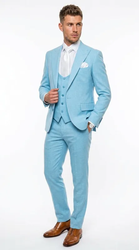 Men’s Turquoise Light blue Suit, Vested Formal Dress Suit for Weddings, Prom, Summer Parties, and Special Occasions in Aqua Blue Color By Rossiman made by Alberto Nardoni