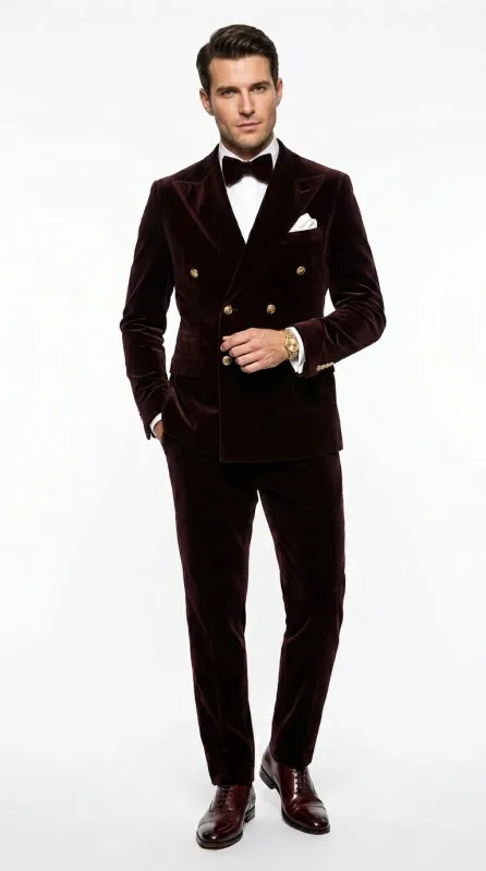 Men’s Dark Brown Velvet Blazer and Pants 2 Piece Suit, Double Breasted Formal Dinner Suit for Weddings, Prom made by Alberto Nardoni