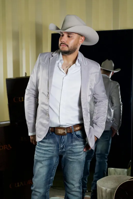 Men's Western Silver Blazer Slim Fit Shiny Finish Sport Coat for Weddings, Prom & Formal Events made by Alberto Nardoni