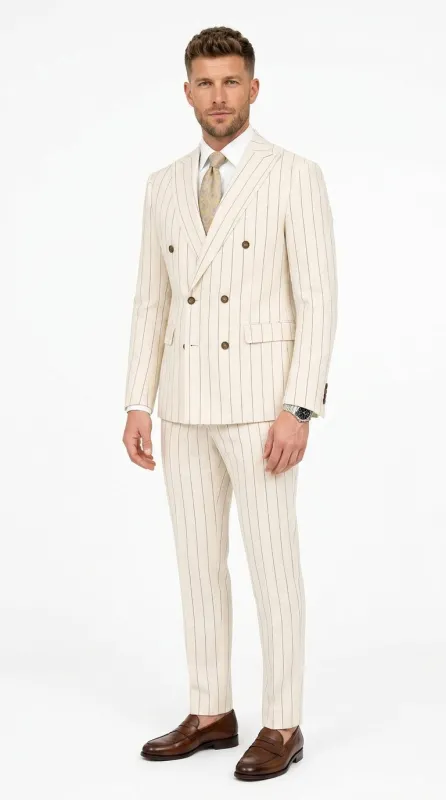 Men’s Cream Off White Pinstripe Linen Pinstripe 2 Piece Double Breasted Suit, Summer Wedding Ivory Color By Vitali made by Alberto Nardoni