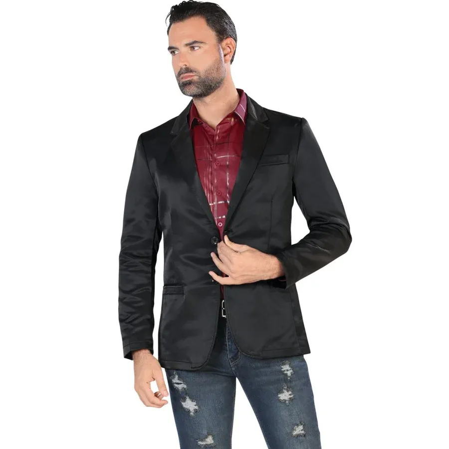 Black Denim Jacket - Western Cowboy Blazer Slim Fitted in Sheen Fabric sold by Alberto Nardoni